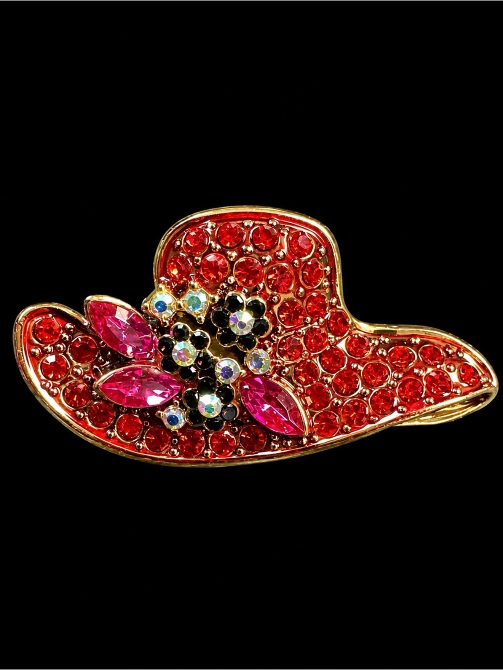 Red Crystal Hat Brooch with Pink and Clear Accents